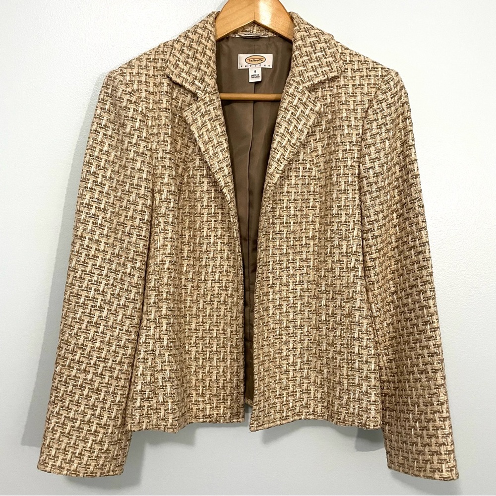 TALBOTS Tan Cream Tweed Weave Open Front Blazer Size 8P